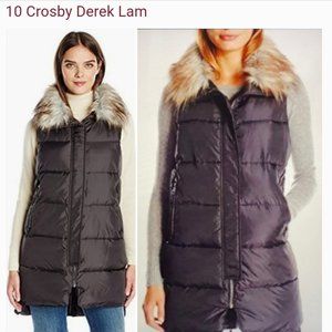 SOLD Derek Lam 10 Crosby Black Down Puffer Vest Fox Fur Trim Size Large.